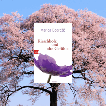 Auf dem Bild ist im Hintergrund ein Kirschbaum und im Vordergrund das Buch Kirschholz und alte Gefühle von Marica Bodrožić. Es ist das Header-Bild zur Rezension des Buchs.