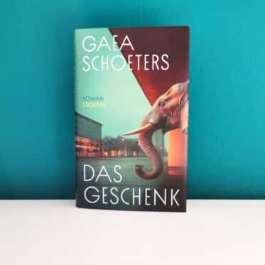 Auf dem Foto ist das Buch Das Geschenk von Gaea Schoeters auf einer hellen Fläche vor einer dunkelgrünen Wand abgebildet. Es ist das Header-Bild der Rezension des Buchs.