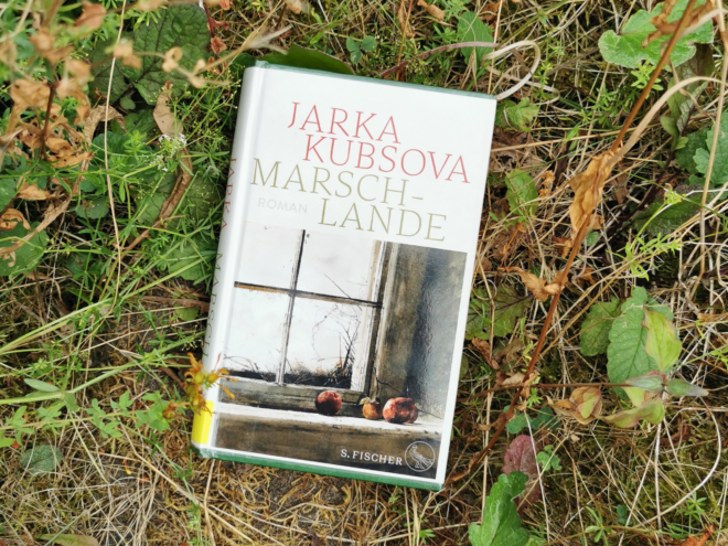 Das Buch „Marschlande" von Jarka Kubsova, erschienen bei S. Fischer, liegt auf wildem, grün-braunem Wiesenboden zwischen Gräsern und Blättern. Das weiße Cover zeigt in Aquarelltönen ein altes Sprossenfenster, auf dessen Sims drei rotbraune Äpfel liegen. Titel und Autorinnenname stehen in Rot und gedecktem Grün darüber. Es ist das Headerbild einer Rezension des Buchs.