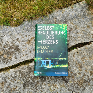 Das Buch Selbstregulierung des Herzens von Peggy Mädler, erschienen bei Galiani Berlin, liegt aufrecht auf einer verwitterten Steinplatte, an deren oberem Rand Gras und Moos wachsen. Das Cover zeigt in Grün- und Blautönen einen dämmrigen Garten mit Tisch und Stühlen vor einem Zaun; Titel in Weiß, Autorinnenname in Gelb.